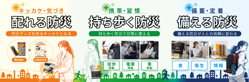 配る防災・持ち歩く防災・備える防災の画像